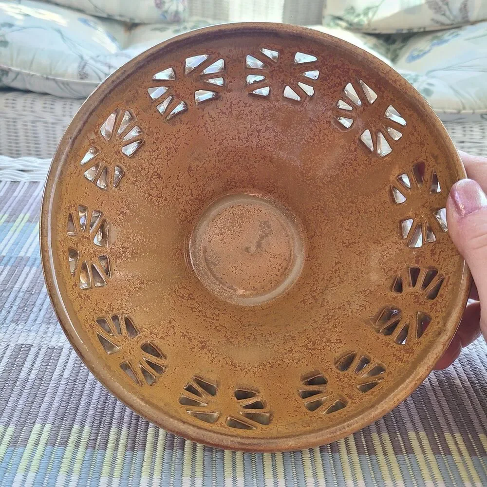 Vintage Clay Pottery Reticulated Bowl Earth-Tone Colors Handmade Artisan Pottery